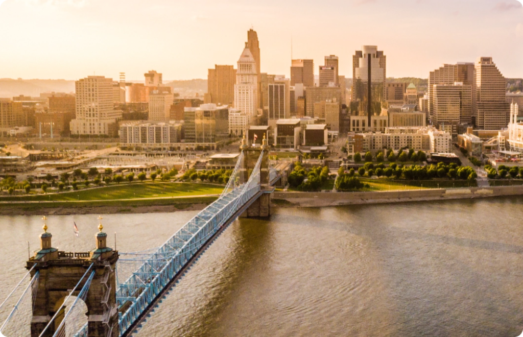 A view of Cincinnati as seen from the air over the bridge.